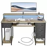 BEXEVUE Gaming Schreibtisch mit Steckdosen LED - 120x50 cm Moderner Computertisch mit Tastaturablage, 4 Umkehrbare Schubladen, Großes Lagerregal zum Lernen Spielen Arbeiten Schlafzimmer Heimbüro, Grey