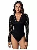 GORGLITTER Damen Body Spitzen Bodysuit Durchsichtig Blusenbody Trachtenbody Langarm Dirndlblusen Spitzenbody mit V-Ausschnitt Schwarz M