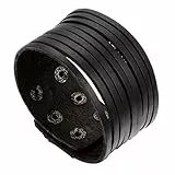 Flongo Herrenarmband Männer Armreif Lederarmband Surferarmband groß breit Biker Armband Manschette Schwarz Punk Rock Einstellbar