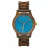 Opis UR-U1: Unisex (Damen/Herren) Retro Holz Armbanduhr aus Schwarzem Sandelholz mit einzigartigem, geprägten Ziffernblatt in Blau mit goldenen Metallelementen (Blau-Gold)