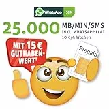 WhatsApp SIM Prepaid - Starterpaket mit 15 EUR Guthabenwert, ohne Vertragsbindung, Option mit 25.000 Einheiten (MB/MIN/SMS), Surf-Geschwindigkeit: 50 MBit/s 5G