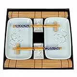 Exzact 10-teiliges Sushi-Set – 2 x Sushi-Teller, 2 x Dip-Schalen, 2 x Bambus-Tischsets, 2 x Bambus-Essstäbchen, 2 Paar Essstäbchen – hochwertiges Porzellan - in Geschenkbox – Blau
