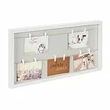 Relaxdays Bilderrahmen mit Wäscheleine, 10 Klammern, für Fotos, Post-& Konzertkarten, Fotoboard zum Aufhängen, weiß/grau