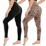 CAMPSNAIL 2er Pack Leggings Damen Schwarz High Waist Sport Leggins Blickdicht Sporthose für Gym Yoga(Schwarz&Leo,L-XL)
