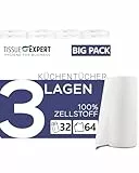 Tissue Expert Küchentücher, 32 Rollen á 64 Blatt, 3-lagige Küchenrollen, 100% Zellstoff, saugstarke Haushaltsrollen, Allzwecktücher, Papiertücher, Papierhandtücher, Küchenpapier