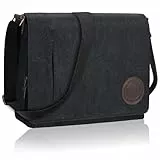 Leathario Umhängetasche Herren 14 Zoll, Messenger Bag aus Echtleder und Canvas, Arbeitstasche Studententasche Laptoptasche Schultertasche Kuriertasche Collegetasche Uni Studenten,Arbeit Schwarz