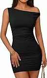 Sukiglam Sexy Kleid Damen Schulterfreies Rüschen Enge Minikleid Unsymmetrisch Ausschnitt Figurbetonte Sommerkleid Y2k Kleider Kurz für Party Cocktail Clubbing Elegantes Wickelkleid Bleistiftkleid