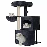 Heybly Kratzbaum, 92 cm Gestufter Kleiner Kratzbaum mit Großem Plateau, 2 Schlafplätzen, Vollständig Sisalumwickelten Säulen und Plüsch-Pompom mit Glocke, Ideal für Indoor, Rauchgrau HCT201SG