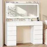 Hzuaneri Große Schminktisch mit Große HD-Spiegel, Schminktisch mit LED-Beleuchtung, 3 Farben, Einstellbare Helligkeit, Frisiertisch mit 11 Schubladen,Schminktische Fürs Schlafzimmer,Weiß,DT43003XEU