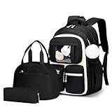 Amythe Schultasche Mädchen Rucksack Kinder, 3-teilig Schulrucksack aus Nylon mit Lunchpaket Mäppchen, Lässiger Schulranzen Atmungsaktiv für Schule Reisen, 1.-5. Klasse, Schwarz