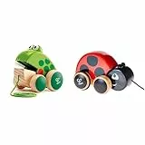 Hape Nachziehfrosch Fridolin von Hape | Holzfrosch Fliegen fressendes Nachzieh-Spielzeug für Kleinkinder, leuchtende Farben & Nachziehkäfer Marie aus Holz, Ziehspielzeug für Kinder ab 12 Monaten