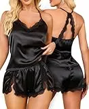 RSLOVE Satin Schlafanzug Damen Sexy - Silk Pyjama Set Kurz 2-Teiliges Nachtwäsche Schwarz L
