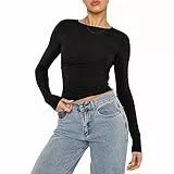 Damen Casual Crop Tops Slim Fit Top Rundhals Langarm Enges T-Shirt Basic Bluse T-Shirts(Black-8,M)