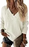 Wenrine Damen Pullover Winter Langarm V-Ausschnitt Strickpullover Sexy Lose Einfarbig(Beige,L)