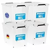 ATHLON TOOLS 4x 80 L Aufbewahrungsboxen mit Deckel, lebensmittelecht - Verschlussclips - 100% Neumaterial Plastik-Box transparent - Kleiderboxen stapelbar