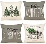 ZWJD Kissenbezug Weihnachten 50x50 4er Set Kissenbezüge Grau Christmas Weihnachtskissen Kiefernmotiv Kissenhüllen für Weihnachtsdeko Innen Sofa Schlafzimmer Dekokissen