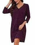 Bresdk Nachthemd Damen Langarm Schlafshirt Baumwolle Sleepshirt Winter Nachtwäsche V-Ausschcnitt Frauen Nachtkleid Rot L