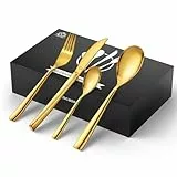 vancasso Besteck Set 12 Personen, Besteck Set 18/10 Gold Besteckset mit Messer/Gabel/Löffel/Dessertlöffel, 48-pcs Goldenes Besteck Poliert mit Geschenkbox, Modernem und Schlichtem Design