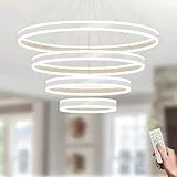LAMPLAY Runde Moderne LED-Pendelleuchte, 4 Weiß Ring-Kronleuchter, Dimmbar Mit Fernbedienung 3000K-6000K Deckenleuchte, Höhenverstellbar, Wohnzimmer, Schlafzimmer, Esszimmer(Ø20+40+60+80cm)