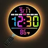 HAITANG Große Digitaluhr Wanduhr 8'' mit RGB Farbwechsel & Fernbedienung, Auto-Helligkeit, Temperatur, Sommerzeit, Nachtlicht, Wecker mit Werktag/Wochenende-Modus für Zuhause/Schlafzimmer/Büro-Schwarz