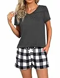 Marvmys Schlafanzug Damen Kurz Baumwolle Pyjama Set Sommer Nachtwäsche T Shirt V Ausschnitt Karierte Shorts