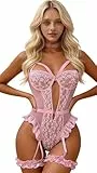 Satohom Dessous-Sets für Damen, sexy Spitzen-Body Push-Up BH mit Oberschenkelmanschetten, EIN StückNachtwäsche Unterwäsche, Teddy-Babydolls mit Strumpfgürtel, ohne Strümpfe Einheitsgröße
