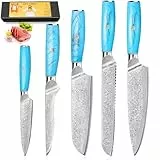 Home Safety Damastmesser Set, Damast Kochmesser Set 5STK Santokumesserset aus 67 Lagen Vg-10 Damaststahl, Profi Damast Küchemesser Ergonomischer Naturharzgriff, Geschenkbox