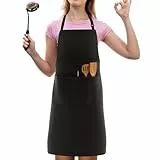 LEFUNDA® Wasserabweisende Kochschürze mit 3 Taschen, verstellbare Grillschürze mit langen Trägern, Küchenschürze für Damen und Herren, Küche, Restaurant, Café (1 x Schürze – Schwarz – Damen)