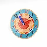 Kikuo 14CM Lernuhr Grundschule, Lautlos Bunte Lernuhr mit Stunden-und Minutenzeiger Lernspielzeug, Lernuhr Kinder Holz für Haus, Spielzimmer und Klassenzimmer (Blau)