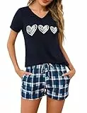 Marvmys Schlafanzug Damen Kurz Baumwolle Pyjama Set Sommer Nachtwäsche T Shirt V Ausschnitt Karierte Shorts