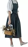 Achsoo Baumwolle Leinen Schürzen Einfarbig Japanischer Stil Kreuz Zurück Schürze mit Tasche Retro Literatur Kunst Blumenladen Kleidung für Damen Herren Küche Kochschürzen (Blau-A)