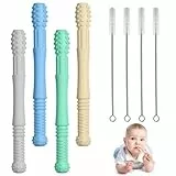 Vicloon Beißring Baby, 8-Teiliges Set Baby Beißröhrchen Silikon, 4 Stück Zahnungshilfe +4 Stück Reinigungsbürste für Baby 6-12 Monate Sensorisches Kauen Molar Spielzeug (Blau/Grün/Khaki/Grau)