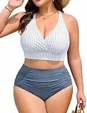 Nadeer Plus Size Zweiteiliger Bauchweg Bikini Damen Set GerÜScht Push Up High Waist Bademode Gekreuzter RÜCken Swimsuit(XL,Blau-weiße Streifen)