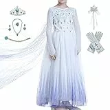Timesun ELSA Mädchen Prinzessin Elsa Kleid Kostüm Karneval Cosplay Eisprinzessin Set aus Diadem, Handschuhe, Zauberstab, Perücke,Halskette,Ohrringe,Ringe,Handbag (Weiß, 150)
