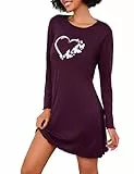 Demegimi Nachthemd Damen Langarm Winter Nachtwäsche Bedrucktes Schlafshirt Lang Rundhals Nachtkleid Damen Lang S-XXL
