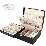 Casiwaft Schmuckkästchen für Halsketten, Ohrringe, Armbänder, Ringe, Uhren, 2 Ebenen großer PU Leder Reise Schmuckschatulle mit abnehmbarem Tablett und großer Nietenplatte, Schwarz