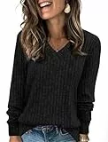 Fisoew Damen Pullover V-Ausschnitt Leicht Langarmshirt Elegant Gerippt Strickpullover Basic Sweatshirt Loose Oberteil mit Knopf,Schwarz,XXL