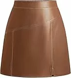 Kate Kasin Damen A-Linie PU-Rock Hochtailliert Plus Size Röcke mit Seitenreißverschluss Frontschlitz für Ausgehen Braun XXL
