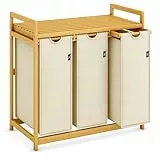 AdelDream Wäschekorb 150L 3 Fächer Regale ausziehbarer und abnehmbarer Wäschesack Wäschesammler Bambusrahmen Wäschebox laundry baskets Wäschesortierer Bambus Beige