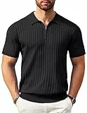 COOFANDY Poloshirt Herren Sommer Leicht Kurzarm Poloshirts mit Reißverschluss Business Stretch Golf Poloshirt Herren Schwarz M