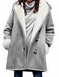 Yuson Girl Winterjacke Damen Lang Wintermantel Wildleder Fleecejacke Lose Winterparka Winter Warm Cardigan Outwear Einfarbig Kapuzenjacke mit Kapuze und Seitentaschen(Hellgrau, S)