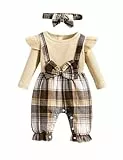 Haokaini Baby Mädchen Kleidung Neugeborene Einteilige Strampler Lange Rüschen Ärmel Plaid Spleißen Bowknot Jumpsuit mit Stirnband Bodysuit Outfit
