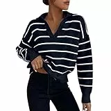 Gestreifter Pullover Damen V-Ausschnitt Langarm Pulli Elegant Revers Strickpullover Casual Ringelshirt Lose Streifen Strickpulli Winter Sweater Weich Jumper Langarmshirt Damenpullover