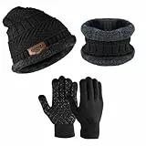 PERFETSELL Wintermütze Set Warm Strickmütze Beanie Winter Mütze Fleece Haube Damen Herren Loop Schal Nackenwärmer und Touchscreen-Handschuhe für Winter Outdoor Sport (Schwarz)