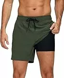 outfit spring Badehose Herren Schnelltrocknend mit Reißverschlusstasche, 2-in-1 Badeshorts für Herren mit Kompressions-Innenhose, Boardshorts Männer für Strand, Pool & TrainingC0 Armeegrün, XL