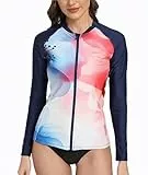 SURFEASY Damen Rash Guard Full Zip Langarm UV Shirt Schnelltrocknend Sonnenschutz UPF50+ Surf Schwimmen Bademode (Blumen/Marine,M)