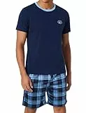 Bresdk Schlafanzug Herren Kurz Baumwolle Pyjama Set Zweiteiliger Nachtwäsche Pijamas Karierte Shorts Schlafanzüge Kurzer Schlafanzughose Sleepwear Marineblau Blau L
