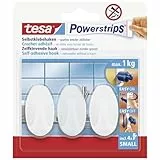 tesa Powerstrips Haken Small OVAL - Selbstklebender Wandhaken für Glas, Kacheln, Holz, Kunststoff und andere Untergründe - Weiß