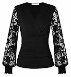 GRACE KARIN Damen Elegante Spitzen Bluse Kreuz V-Ausschnitt Sexy Wickelblues Plissiert Slim Fit Festliche Oberteile Schwarz L