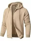 JMIERR Kapuzenpullover Herren Pullover Langarm Waffelmuster Casual Sweatjacke Hoodie Kapuzenpulli mit Reißverschluss Sweatshirt mit Taschen Aprikose L